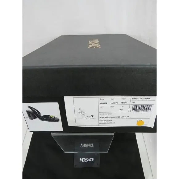 NIB VERSACE BLACK PATENT LEATHER GOLD MEDUSA LOGO SANDALS HEEL PUMPS 38.5 8.5